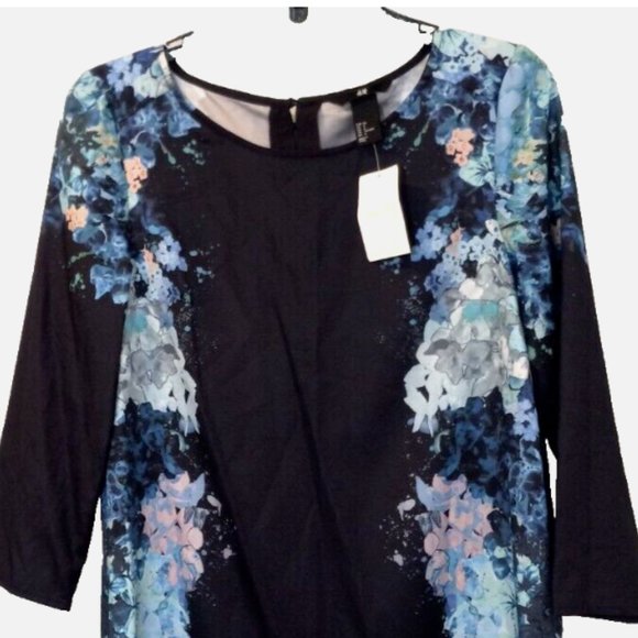 NEW H&M Blue Floral Shift Dress Size 6 S/M 3/4 Sleeve Button Vertical Design - Picture 5 of 9